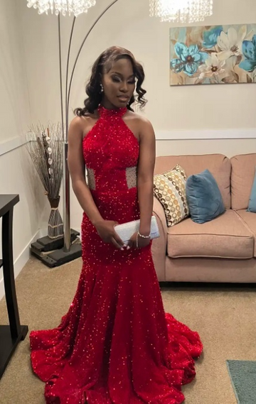 Niulatu Halter Mermaid Long Prom Dresses Velvet Sequin Burgundy Evening Dresses HZ1026